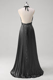 Royal Blue A Line Halter Pleated Long Prom Dress