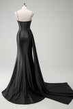 Sparkly Dark Green Mermaid Side Streamer Sequins Corset Satin Prom Dress with Slit