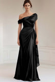 Grey Blue One Shoulder Satin Ruched Formal Dress with Ruffles