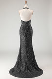Sparkly Burgundy Halter 3D Flower Mermaid Prom Dress