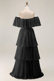Dark Green Off The Shoulder Tiered A Line Long Bridesmaid Dress