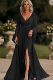 Dark Grey A Line Wrap Long Sleeves Ruffled Chiffon Mother of the Bride Dress
