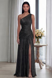 Gold One Shoulder Ruched A Line Evening Dress