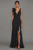 Dark Green Bow Ruffle V-Neck Evening Dress With Slit