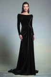 Long Sleeve Velvet Bateau Neck Dark Green Holiday Party Dress