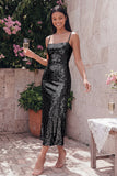 Sparkly Sheath Gold Spaghetti Straps Midi Dress