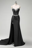 Sparkly Dark Green Mermaid Side Streamer Sequins Corset Satin Prom Dress with Slit