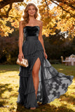 Strapless Khaki A Line Tiered Long Wedding Guest Dress With Slit
