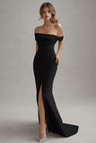 Elegant Off the Shoulder Black and White Evening Dress with Slit