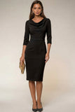 Navy 3/4 Sleeves Cowl Neck Pencil Midi Work Dress