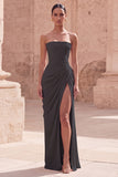 Light Pink Strapless Ruched Sheath Prom Dress with Slit