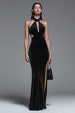 Halter Velvet Dark Green Mermaid Formal Dress with Slit