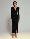 Olive Velvet V Neck Bodycon Midi Formal Dress