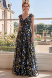 Green A Line V-Neck Floral Mum of the Bride Dress