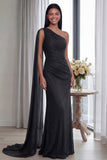 Navy One Shoulder Ruched Memaid Evening Dress