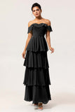 Dusty Blue A-Line Off The Shoulder Tiered Pleated Chiffon Long Bridesmaid Dress