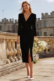 Long Sleeve V Neck Bodycon Ruched Ivory Engagement Dress