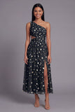 Light Orange A Line One Shoulder Floral Cut Out Ruched Wedding Guest Dress with Slit