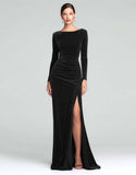 Burgundy Velvet Long Sleeve Holiday Party Dress with Slit