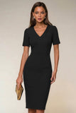 Navy V-Neck Pencil Short Sleeve Knee-Length Work Dress With Back Slit