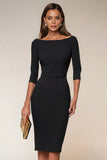 Navy Bateau Neck Bodycon Work Dress With Slit