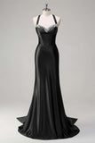 Sparkly Dark Green Mermaid Halter Corset Long Sequin Prom Dress