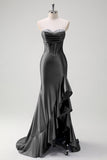 Sparkly Grey Blue Mermaid Ruffled Corset Strapless Satin Long Prom Dress with Slit