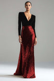 Glitter Gold and Black Mermaid V-Neck Evening Dress With Long Sleeves