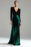 Glitter Gold and Black Mermaid V-Neck Evening Dress With Long Sleeves