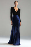 Glitter Gold and Black Mermaid V-Neck Evening Dress With Long Sleeves