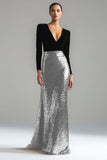 Glitter Gold and Black Mermaid V-Neck Evening Dress With Long Sleeves