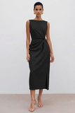 Orange Bateau Neck Sheath Ruched Midi Work Dress With Slit