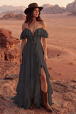 Off the Shoulder Ruffle A Line Ivory Long Wedding Dress with Slit