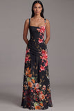 Ivory A Line Floral Ruched Spaghetti Straps Maxi Dress
