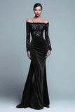 Black and Burgundy Velvet Mermaid Long Sleeve Lace Formal Dress