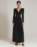 Olive Velvet Long Sleeve A Line Formal Dress