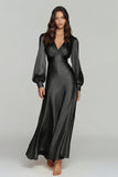 Champagne Long Sleeve V Neck Satin Formal Dress