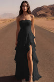 Strapless Ivory A Line Ruffled Long Wedding Dress with Slit