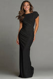 Navy Sheath Short Sleeve Bateau Neck Long Formal Dress