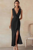 Sky Blue Satin V-Neck Long Formal Dress with Slit