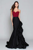 Ruffled Black And White Strapless Mermaid Satin Formal Dress