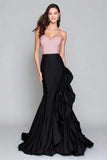 Ruffled Black And White Strapless Mermaid Satin Formal Dress
