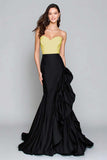 Ruffled Black And White Strapless Mermaid Satin Formal Dress
