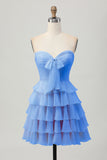 Cute Light Yellow Strapless Tiered A Line Short Prom Dress with Bow