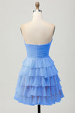 Cute Light Yellow Strapless Tiered A Line Short Prom Dress with Bow