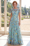 A Line Green Bateau Neck Appliqued Mum Of The Bride Dress with Short Sleeves