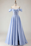 Off the Shoulder Satin Purple A Line Prom Dress