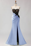 Black Green Mermaid Strapless Lace Ruched Long Prom Dress With Slit