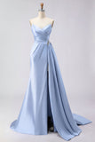 Royal Blue A Line Beaded Strapless Ruched Long Prom Dress with Slit