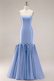 Mermaid Fuchsia Satin Strapless Long Prom Dress with 3D Flowers